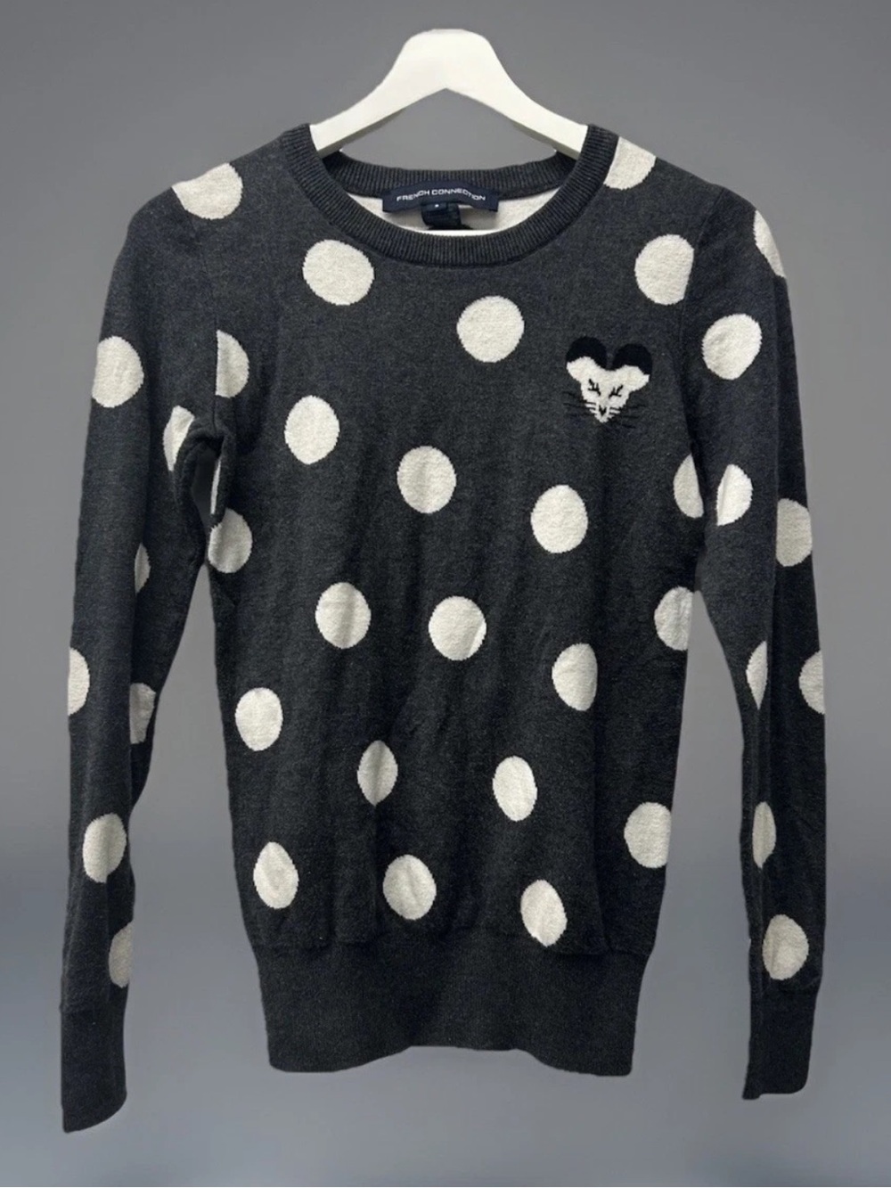 French Connection Cotton Sweater Gray White Mouse Polka Dots S